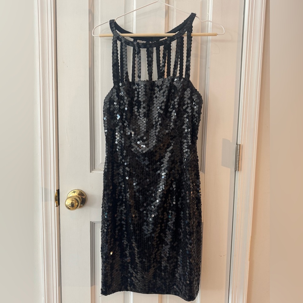 Niteline Black Sequin Halter Dress with Ladder Neckline